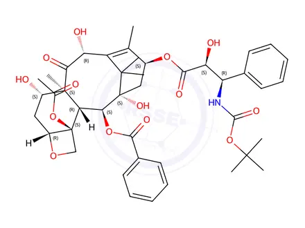 Chemical structure of (2aR,4S,4aS,6R,9S,11S,12S,12aR,12bS)-12b-Acetoxy-9-(((2S,3R)-3-((tert-butoxycarbonyl)amino)-2-hydroxy-3-phenylpropanoyl)oxy)-4,6,11-trihydroxy-4a,8,13,13-tetramethyl-5-oxo-2a,3,4,4a,5,6,9,10,11,12,12a,12b-dodecahydro-1H-7,11-methanocyclodeca[3,4]benzo[1,2-b]oxet-12-yl benzoate