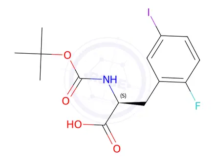 Chemical structure of (S)-2-((tert-butoxycarbonyl)amino)-3-(2-fluoro-5-iodophenyl)propanoic acid