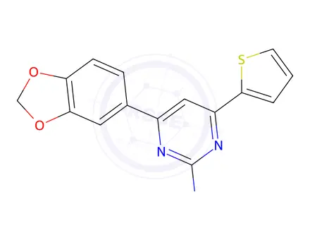 Chemical structure of 4-(2H-1,3-benzodioxol-5-yl)-6-(thiophen-2-yl)pyrimidin-2-amine