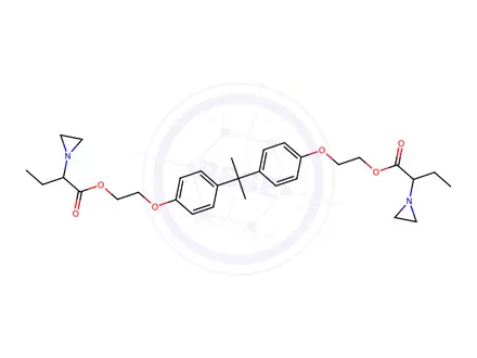 Chemical structure of (isopropylidene)bis(p-phenyleneoxyethylene) bis(alpha-ethylaziridine-1-acetate)
