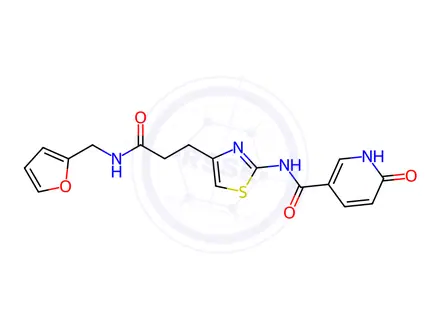 Chemical structure of N-[4-[3-(furan-2-ylmethylamino)-3-oxopropyl]-1,3-thiazol-2-yl]-6-oxo-1H-pyridine-3-carboxamide