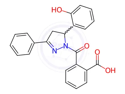 Chemical structure of Benzoic acid, 2-[[4,5-dihydro-5-(2-hydroxyphenyl)-3-phenyl-1H-pyrazol-1-yl]carbonyl]-