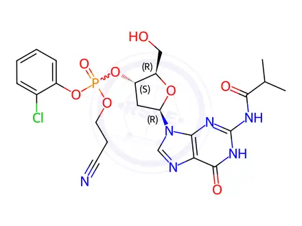 Chemical structure of 3'-Guanylic acid, 2'-deoxy-N-(2-methyl-1-oxopropyl)-, 2-chlorophenyl 2-cyanoethyl ester