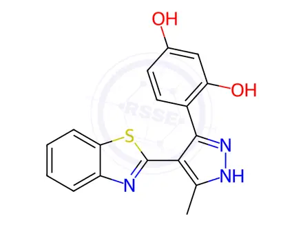 Chemical structure of 4-(4-(benzo[d]thiazol-2-yl)-5-methyl-1H-pyrazol-3-yl)benzene-1,3-diol