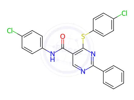 Chemical structure of N-(4-chlorophenyl)-4-((4-chlorophenyl)thio)-2-phenylpyrimidine-5-carboxamide