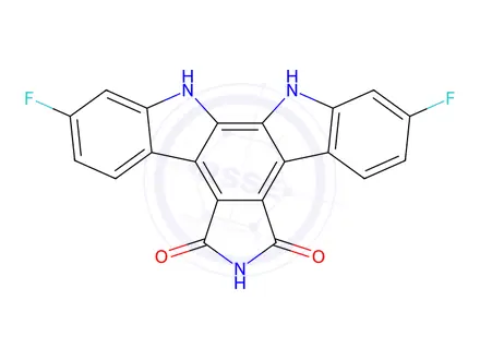 Chemical structure of 12,13-Dihydro-2,10-difluoro-5H-Indolo[2,3-a]pyrrolo[3,4-c]carbazole-5,7(6H)-dione