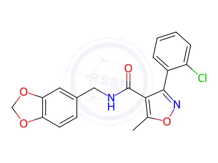 Chemical structure of N-(benzo[d][1,3]dioxol-5-ylmethyl)-3-(2-chlorophenyl)-5-methylisoxazole-4-carboxamide
