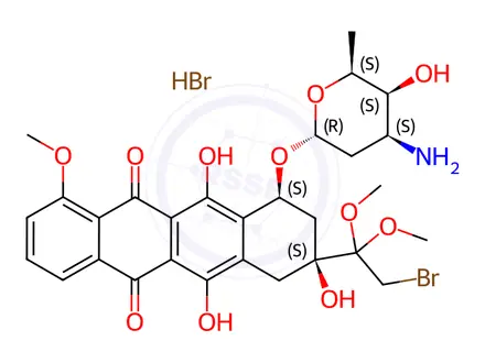 Chemical structure of 14-Bromo, 13-Deoxo, 13,13-Dimethoxy Daunorubicin Hydrobromide (>85%)