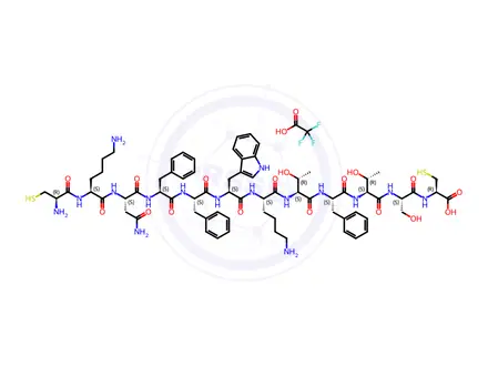 Chemical structure of (4R,7S,10S,13S,16S,19S,22S,25S,28S,31S,34S,37R)-22-((1H-Indol-3-yl)methyl)-37-amino-31-(2-amino-2-oxoethyl)-19,34-bis(4-aminobutyl)-13,25,28-tribenzyl-10,16-bis((R)-1-hydroxyethyl)-7-(hydroxymethyl)-6,9,12,15,18,21,24,27,30,33,36-undecaoxo-1,2-dithia-5,8,11,14,17,20,23,26,29,32,35-undecaazacyclooctatriacontane-4-carboxylic Acid