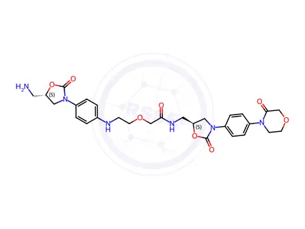 Chemical structure of Acetamide, 2-[2-[[4-[(5S)-5-(aminomethyl)-2-oxo-3-oxazolidinyl]phenyl]amino]ethoxy]-N-[[(5S)-2-oxo-3-[4-(3-oxo-4-morpholinyl)phenyl]-5-oxazolidinyl]methyl]-