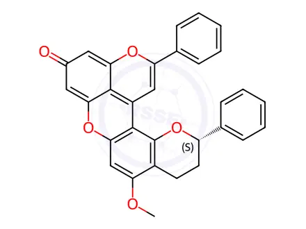 Chemical structure of (-)-3,4-Dihydro-5-methoxy-2,12-diphenyl-2H,9H-dipyrano[2,3-a:2',3',4'-kl]xanthene-9-one