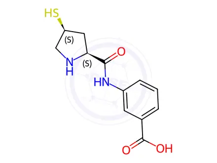 Chemical structure of 3-((2S,4S)-4-mercaptopyrrolidine-2-carboxamido)benzoic acid