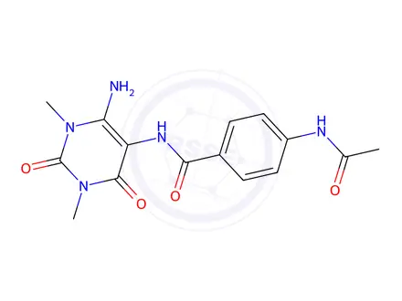 Chemical structure of 4-Acetamido-N-(6-amino-1,3-dimethyl-2,4-dioxo-1,2,3,4-tetrahydropyrimidin-5-yl)benzamide
