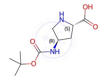 Chemical structure of (2S,4R)-4-((tert-Butoxycarbonyl)amino)pyrrolidine-2-carboxylic acid