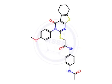Chemical structure of N-(4-Acetamidophenyl)-2-((3-(4-methoxyphenyl)-4-oxo-3,4,5,6,7,8-hexahydrobenzo[4,5]thieno[2,3-d]pyrimidin-2-yl)thio)acetamide