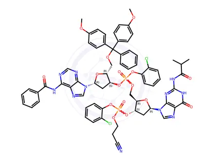Chemical structure of 3'-Guanylic acid, N-benzoyl-5'-O-[bis(4-methoxyphenyl)phenylmethyl]-P-(2-chlorophenyl)-2'-deoxyadenylyl-(3'->5')-2'-deoxy-N-(2-methyl-1-oxopropyl)-, 2-chlorophenyl 2-cyanoethyl ester