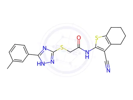 Chemical structure of N-(3-Cyano-4,5,6,7-tetrahydrobenzo[b]thiophen-2-yl)-2-((3-(m-tolyl)-1H-1,2,4-triazol-5-yl)thio)acetamide