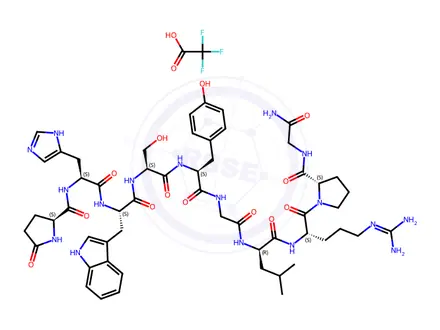 Chemical structure of (S)-N-(2-Amino-2-oxoethyl)-1-(((S)-5-oxopyrrolidine-2-carbonyl)-L-histidyl-L-tryptophyl-L-seryl-L-tyrosylglycyl-D-leucyl-L-arginyl)pyrrolidine-2-carboxamide