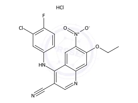 Chemical structure of 4-((3-Chloro-4-fluorophenyl)amino)-7-ethoxy-6-nitroquinoline-3-carbonitrile hydrochloride