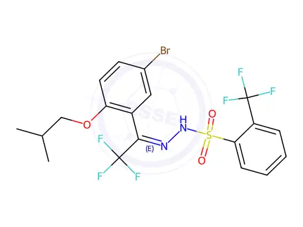 Chemical structure of (E)-N'-(1-(5-Bromo-2-isobutoxyphenyl)-2,2,2-trifluoroethylidene)-2-(trifluoromethyl)benzenesulfonohydrazide