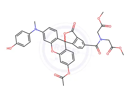 Chemical structure of Glycine, N-[[3'-(acetyloxy)-6'-[(4-hydroxyphenyl)methylamino]-3-oxospiro[isobenzofuran-1(3H),9'-[9H]xanthen]-5-yl]carbonyl]-N-(2-methoxy-2-oxoethyl)-, methyl ester