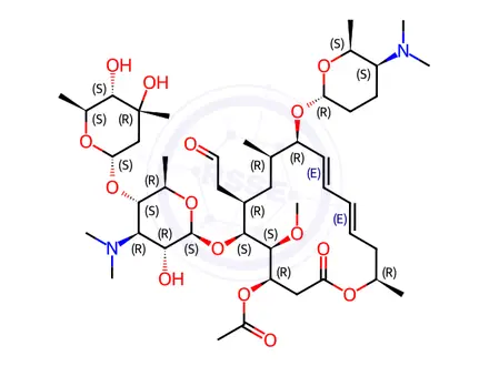 Chemical structure of Leucomycin V, 9-O-[5-(dimethylamino)tetrahydro-6-methyl-2H-pyran-2-yl]-, 3-acetate, [9(5S,6R)]-, 4,4'-methylenebis[3-hydroxy-2-naphthalenecarboxylate] (1:1) (salt)