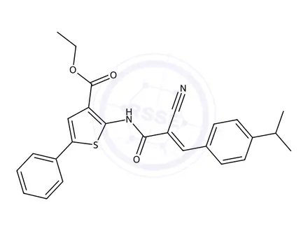 Chemical structure of Ethyl 2-(2-cyano-3-(4-isopropylphenyl)acrylamido)-5-phenylthiophene-3-carboxylate