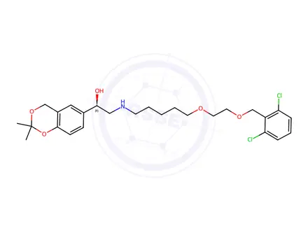 Chemical structure of (R)-2-((5-(2-((2,6-Dichlorobenzyl)oxy)ethoxy)pentyl)amino)-1-(2,2-dimethyl-4H-benzo[d][1,3]dioxin-6-yl)ethan-1-ol