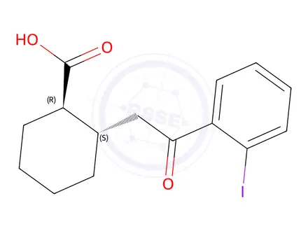 Chemical structure of (1R,2S)-2-(2-(2-iodophenyl)-2-oxoethyl)cyclohexane-1-carboxylic acid