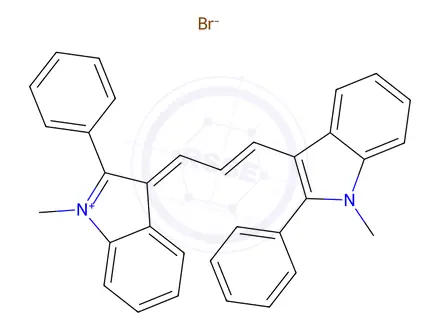 Chemical structure of 1-Methyl-3-(3-(1-methyl-2-phenyl-1H-indol-3-yl)-2-propenylidene)-2-phe nyl-3H-indolium bromide