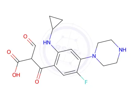 Chemical structure of 3-(2-(Cyclopropylamino)-5-fluoro-4-(piperazin-1-yl)phenyl)-2-formyl-3-oxopropanoic acid
