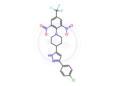 Chemical structure of 4-[5-(4-chlorophenyl)-1H-pyrazol-3-yl]-1-[2,6-dinitro-4-(trifluoromethyl)phenyl]piperidine