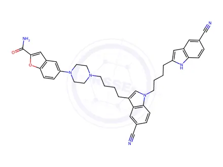 Chemical structure of 5-(4-(4-(5-cyano-1-(4-(5-cyano-1H-indol-2-yl)butyl)-1H-indol-3-yl)butyl)piperazin-1-yl)benzofuran-2-carboxamide
