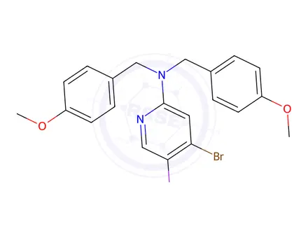 Chemical structure of (4-bromo-5-iodo-pyridin-2-yl)-bis-(4-methoxy-benzyl)-amine