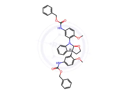 Chemical structure of Benzyl N-{3-[(3aR,8aR)-3a-(5-{[(benzyloxy)carbonyl]amino}-2-methoxyphenyl)-2H,3H,3aH,8H,8aH-furo[2,3-b]indol-8-yl]-4-methoxyphenyl}carbamate