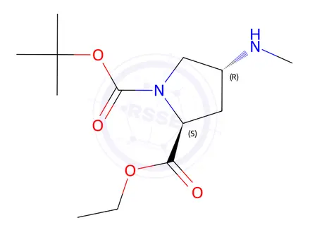 Chemical structure of 1-(Tert-butyl) 2-ethyl (2S,4R)-4-(methylamino)pyrrolidine-1,2-dicarboxylate
