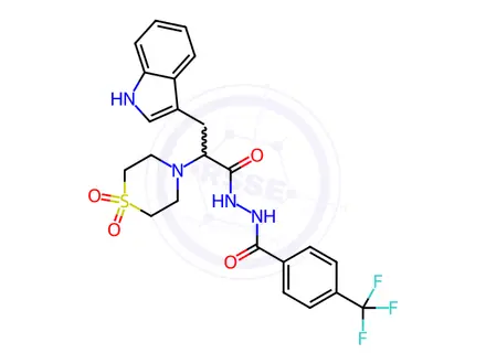 Chemical structure of N'-(2-(1,1-dioxidothiomorpholino)-3-(1H-indol-3-yl)propanoyl)-4-(trifluoromethyl)benzohydrazide