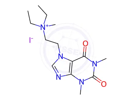 Chemical structure of diethyl(methyl)[1,2,3,6-tetrahydro-1,3-dimethyl-2,6-dioxo-7H-purine-7-ethyl]ammonium iodide