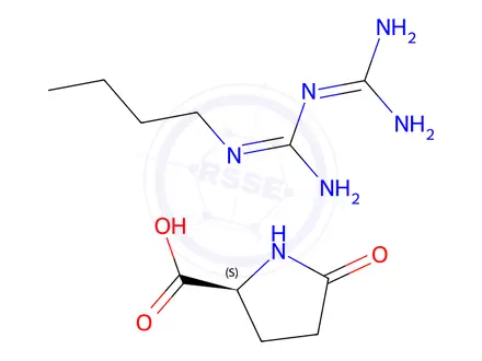 Chemical structure of 5-oxo-L-proline, compound with 1-butylbiguanidine (1:1)