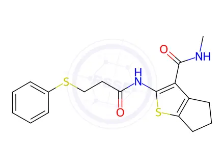 Chemical structure of N-Methyl-2-(3-(phenylthio)propanamido)-5,6-dihydro-4H-cyclopenta[b]thiophene-3-carboxamide