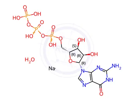 Chemical structure of 5'-GTP trisodium salt hydrate