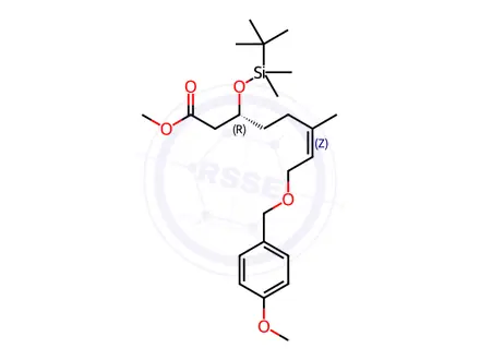 Chemical structure of 6-Octenoic acid, 3-[[(1,1-dimethylethyl)dimethylsilyl]oxy]-8-[(4-methoxyphenyl)methoxy]-6-methyl-, methyl ester, (3R,6Z)-