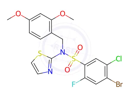 Chemical structure of 4-Bromo-5-chloro-N-(2,4-dimethoxybenzyl)-2-fluoro-N-(thiazol-2-yl)benzenesulfonamide