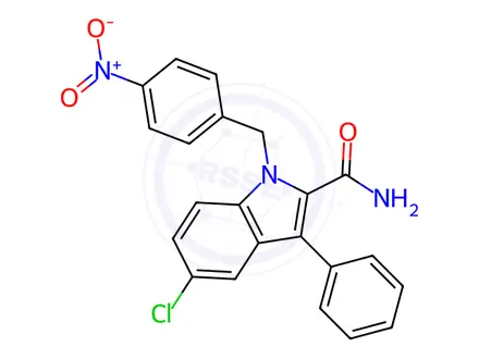 Chemical structure of 5-chloro-1-(4-nitrobenzyl)-3-phenyl-1H-indole-2-carboxamide