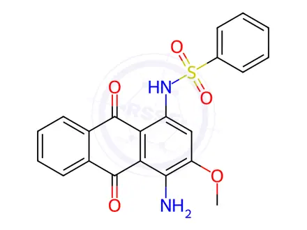 Chemical structure of N-(4-amino-3-methoxy-9,10-dioxo-9,10-dihydroanthracen-1-yl)benzenesulfonamide