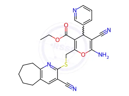 Chemical structure of Ethyl 6-amino-5-cyano-2-[({3-cyano-5H,6H,7H,8H,9H-cyclohepta[b]pyridin-2-yl}sulfanyl)methyl]-4-(pyridin-3-yl)-4H-pyran-3-carboxylate