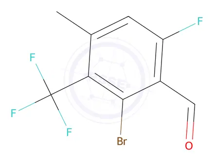 Chemical structure of 2-Bromo-6-fluoro-4-methyl-3-(trifluoromethyl)benzaldehyde