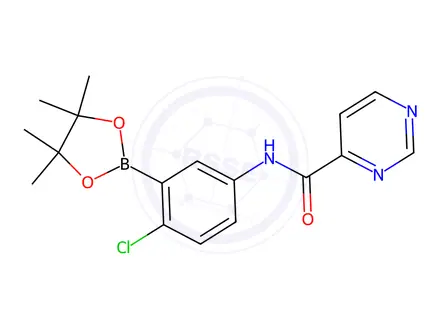 Chemical structure of N-[4-Chloro-3-(4,4,5,5-tetramethyl-1,3,2-dioxaborolan-2-yl)phenyl]pyrimidine-4-carboxamide