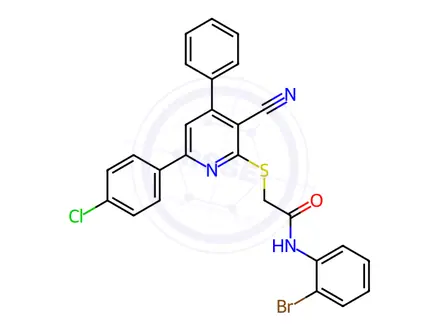 Chemical structure of N-(2-bromophenyl)-2-((6-(4-chlorophenyl)-3-cyano-4-phenylpyridin-2-yl)thio)acetamide