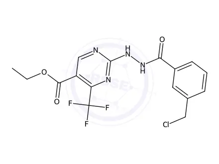 Chemical structure of Ethyl 2-(2-(3-(chloromethyl)benzoyl)hydrazinyl)-4-(trifluoromethyl)pyrimidine-5-carboxylate